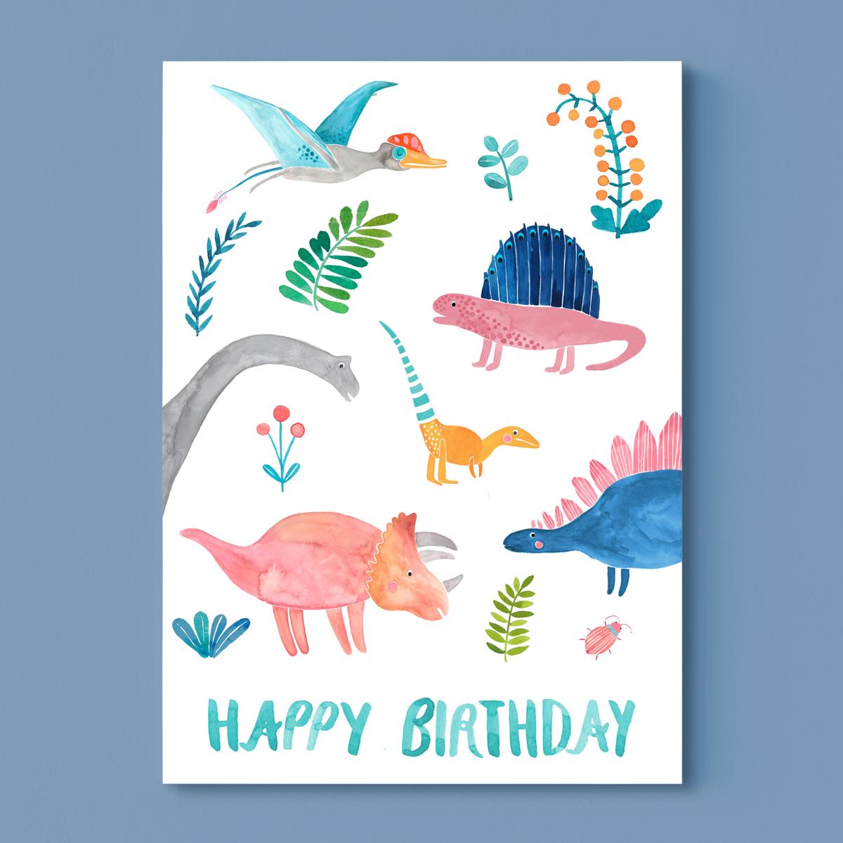 Geburtstagskarte *Happy Birthday* mit Dinos zum Kindergeburtstag