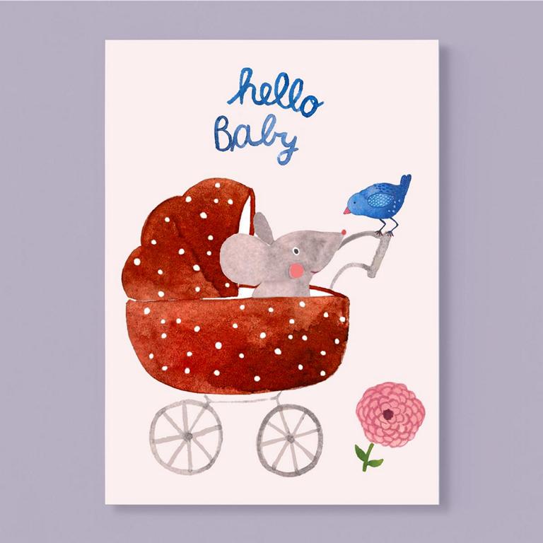 Karte zur Geburt *Hello Baby* mit Maus im Kinderwagen