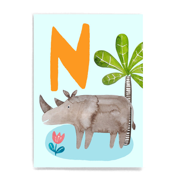 ABC Karte "N wie Nashorn“ (Tier ABC)